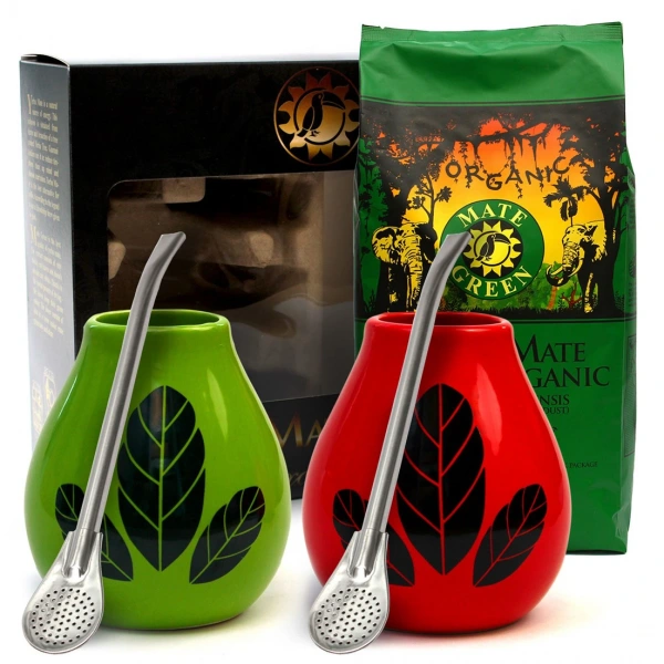Organic mate green zestaw dla dwojga yerba mate bio 400 g, 2 x matero (losowy wzór), 2 x bombilla