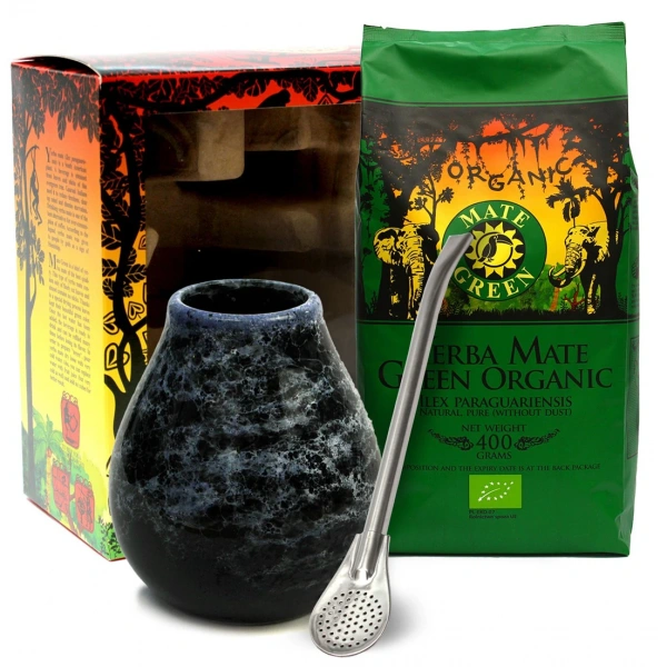 Organic mate green zestaw yerba mate bio 400 g, matero (losowy wzór), bombilla