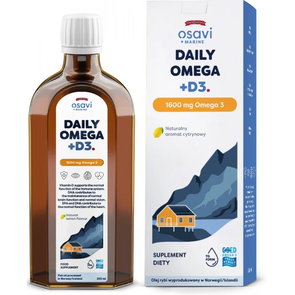 Osavi Daily Omega + D3 (Marine) 1600 mg Omega 3 250 ml o smaku cytrynowym