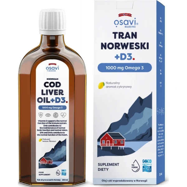 OSAVI Tran Norweski +D3, 1000 mg Omega 3 - smak cytrynowy (250 ml)