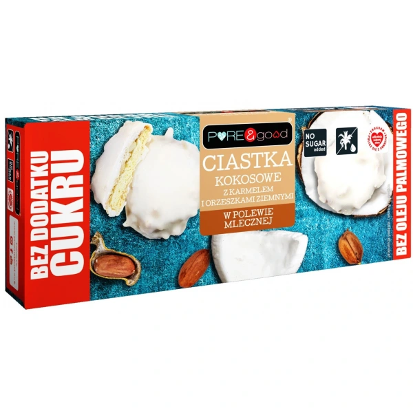PURE and GOOD Ciastka kokosowe z karmelem i orzeszkami ziemnymi w polewie mlecznej bez dodatku cukru 128g