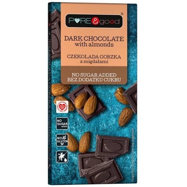 PURE and GOOD Czekolada gorzka z migdałami bez dodatku cukru 75g
