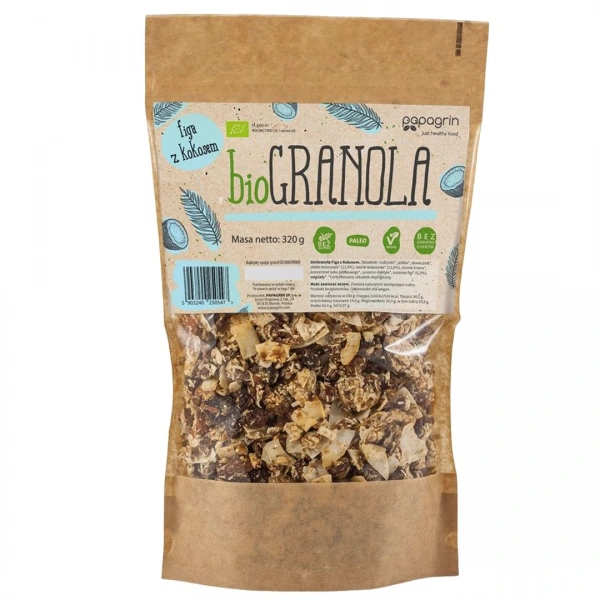 Papagrin granola figa z kokosem bez dodatku cukrów bezglutenowa bio 320 g