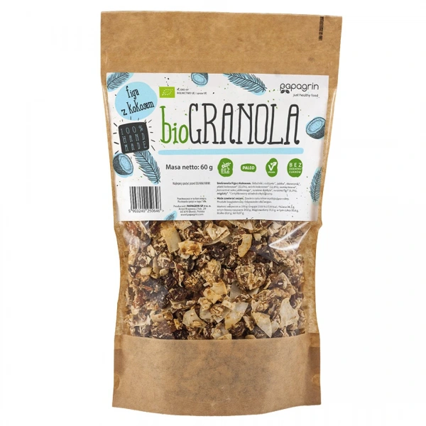 Papagrin granola figa z kokosem bez dodatku cukrów bezglutenowa bio 60 g