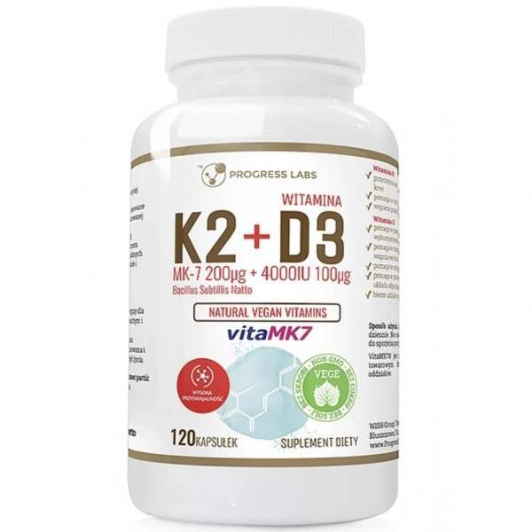 Progress Labs Wegańska K2 MK-7+ D3 4000IU+ L-leucyna 120 kapsułek