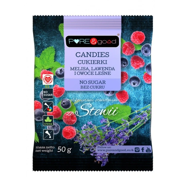 Pure&good cukierki z melisą, lawendą i owocami leśnymi ze stewią bez cukru 50 g