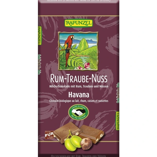 Rapunzel czekolada mleczna z rodzynkami, rumem i orzechami laskowymi fair trade bio 100 g