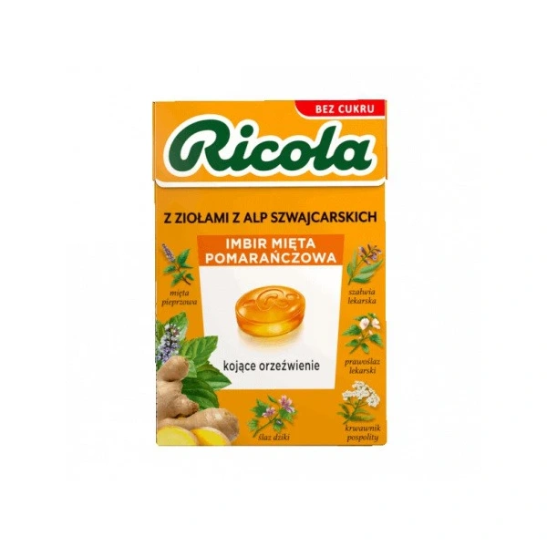 Ricola Cukierki bez cukru Imbir Mięta Pomarańcza 27g