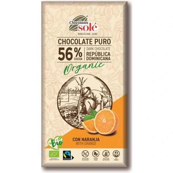 SOLE Czekolada gorzka 56% kakao z pomarańczą BIO 100 g