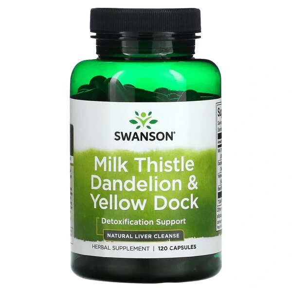 SWANSON Milk Thistle, Dandelion & Yellow Dock - Ostropest Plamisty, Mniszek lekarski i Szczaw żółty (120 kaps.)