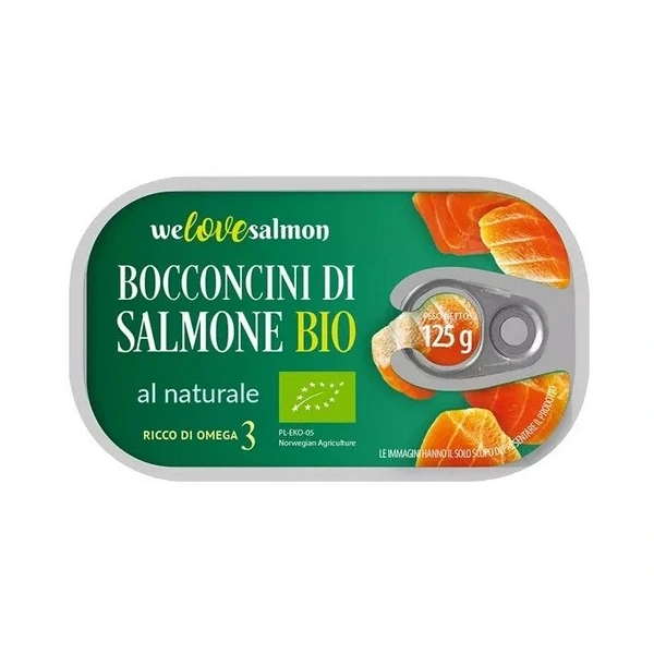 WE LOVE SALMON Kawałki łososia w zalewie naturalnej BIO 125g /70 g