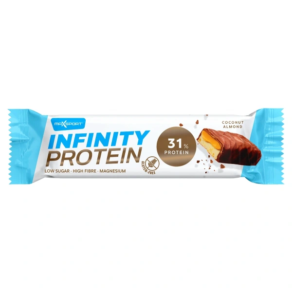 Baton proteinowy z karmelem, kokosem i migdałami w mlecznej czekoladzie bezglutenowy 55 g - maxsport