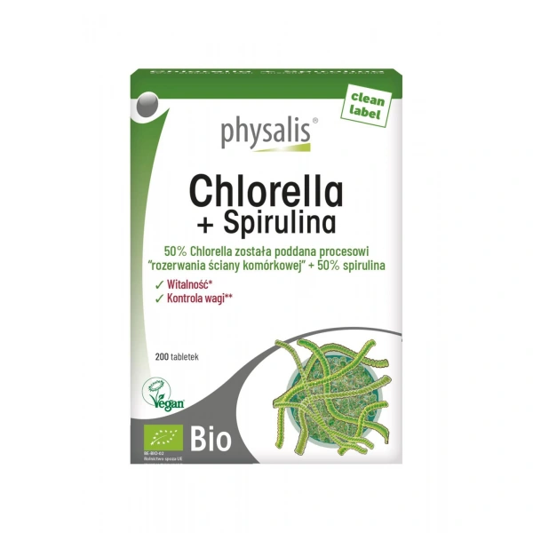 Chlorella + spirulina bio 200 tabletek - physalis