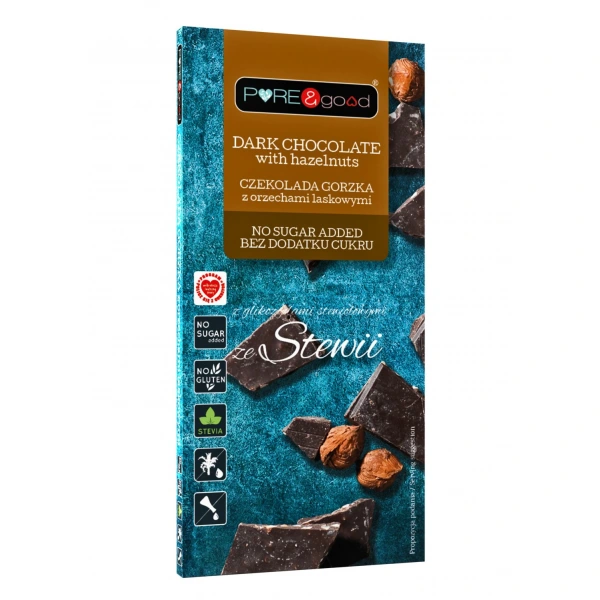 Czekolada gorzka z orzechami laskowymi ze stewią bez dodatku cukru bezglutenowa 125 g - pure and good