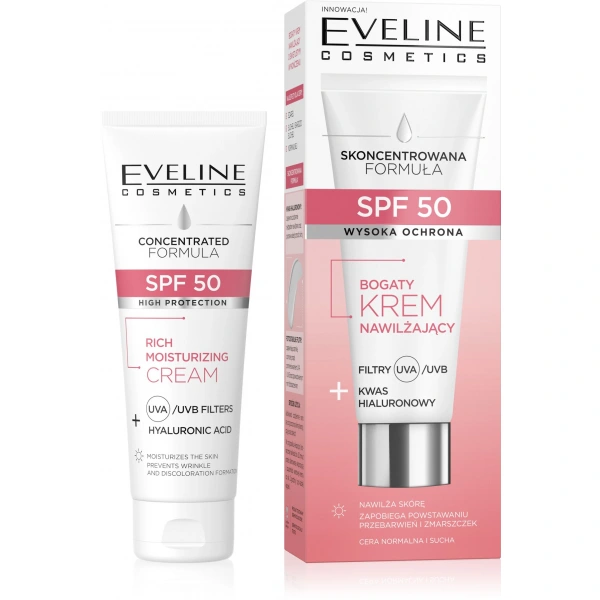 EVELINE SPF 50 Bogaty Krem nawilżający Filtry+Kwas Hialuronowy do cery normalnej i suchej 30 ml