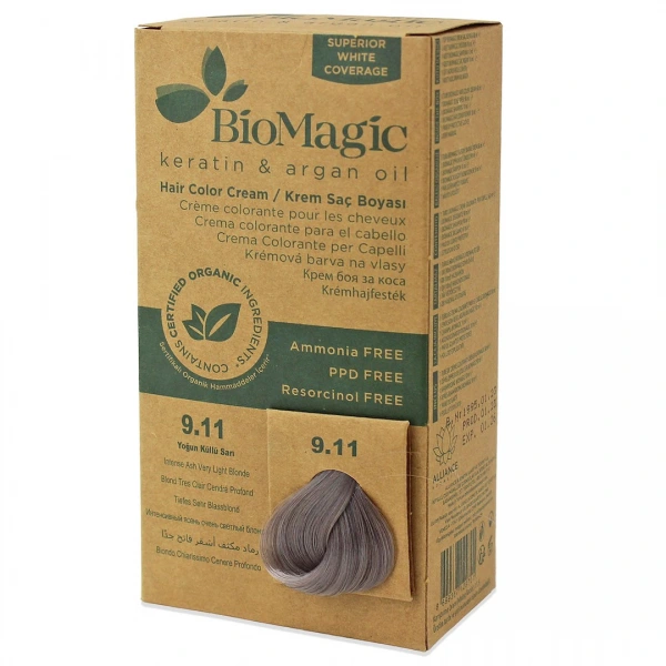 Farba do włosów intensywny popielaty bardzo jasny blond (9.11) 250 g - biomagic