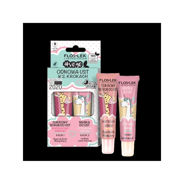 FLOS-LEK VEGE LIP CARE ZESTAW Odnowa ust w 2 krokach (Cukrowy scrub nastrojowy wiśniowy + Maska do ust cytrynowa odnowa) 2x14g