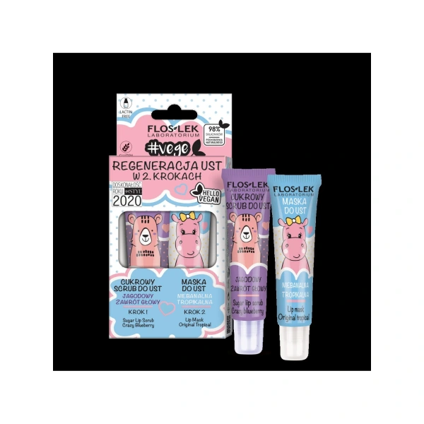 FLOS-LEK VEGE LIP CARE ZESTAW Regeneracja ust w 2 krokach (Scrub jagodowy + Maska do ust  tropikalna)