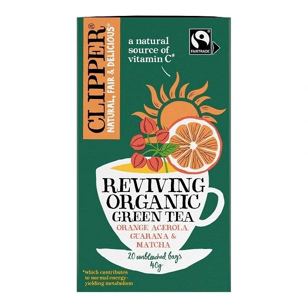 Herbata zielona z acerolą, guaraną i matchą ""ożywienie"" fair trade bio (20 x 2 g) 40 g - clipper