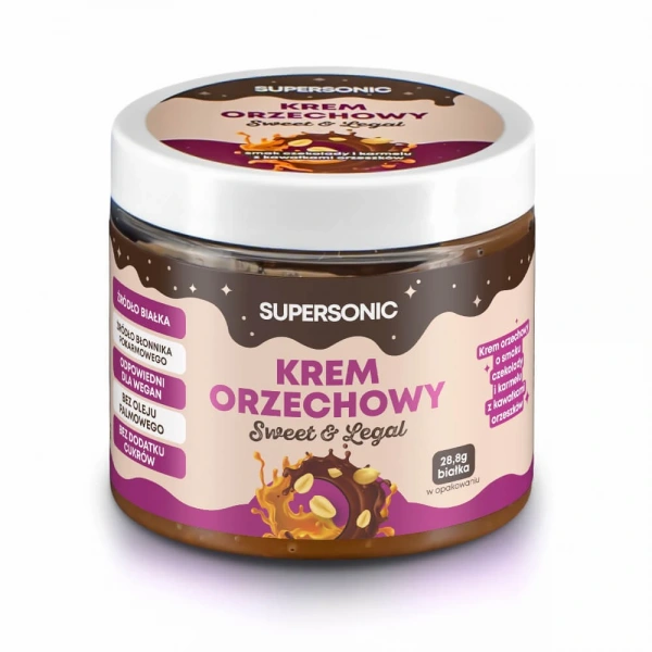 Krem orzechowy o smaku czekolady i karmelu z kawałkami orzeszków ziemnych bez dodatku cukrów 160 g - supersonic