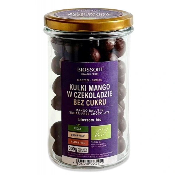 Kulki mango w czekoladzie bez dodatku cukrów bezglutenowe bio 300 g - biossom