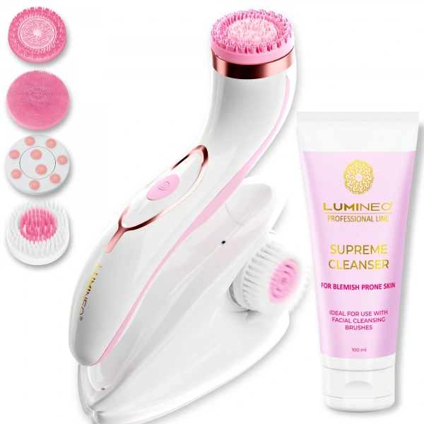 LUMINEO Professional Line Szczoteczka do twarzy Brush Pro różowa + Żel oczyszczajacy Lumineo do skóry trądzikowej i problematycznej 100 ml