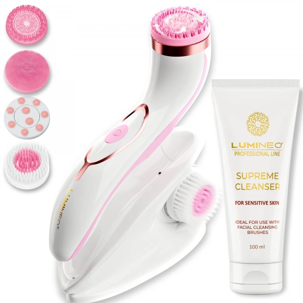 LUMINEO Professional Line Szczoteczka do twarzy Brush Pro różowa + Żel oczyszczajacy Lumineo do skóry wrażliwej 100 ml