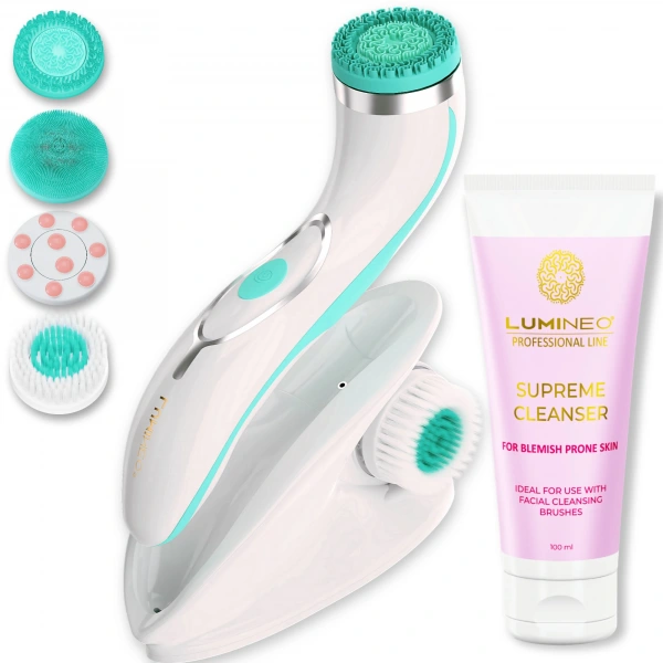 LUMINEO Professional Line Szczoteczka do twarzy Brush Pro turkusowa + Żel oczyszczajacy Lumineo do skóry trądzikowej i problematycznej 100 ml