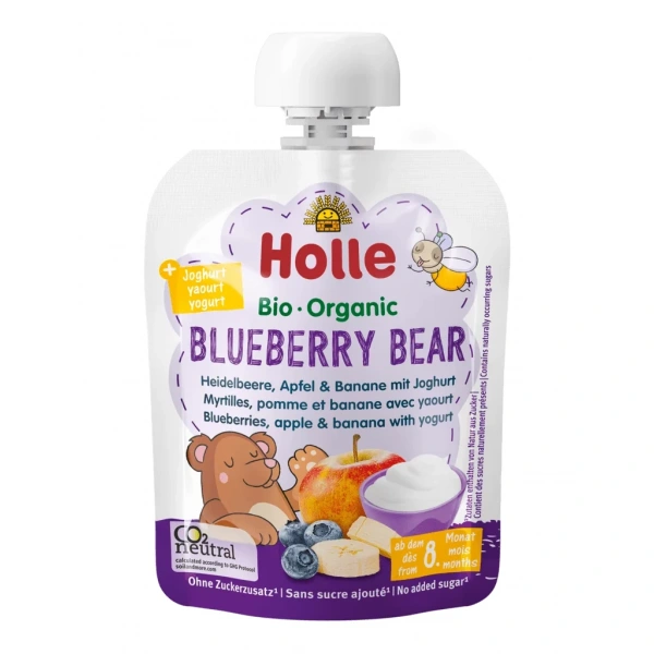 Mus borówkowy miś (jogurt - borówki - jabłko - banan) bez dodatku cukrów od 8 miesiąca bio 85 g - holle
