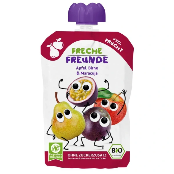 Mus jabłko - gruszka - marakuja bez dodatku cukrów bezglutenowy od 6 miesiąca bio 100 g - freche freunde