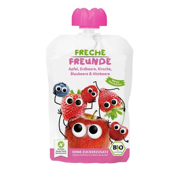 Mus jabłko -  truskawka - jagoda - malina bez dodatku cukrów bezglutenowy od 6 miesiąca bio 100 g - freche freunde
