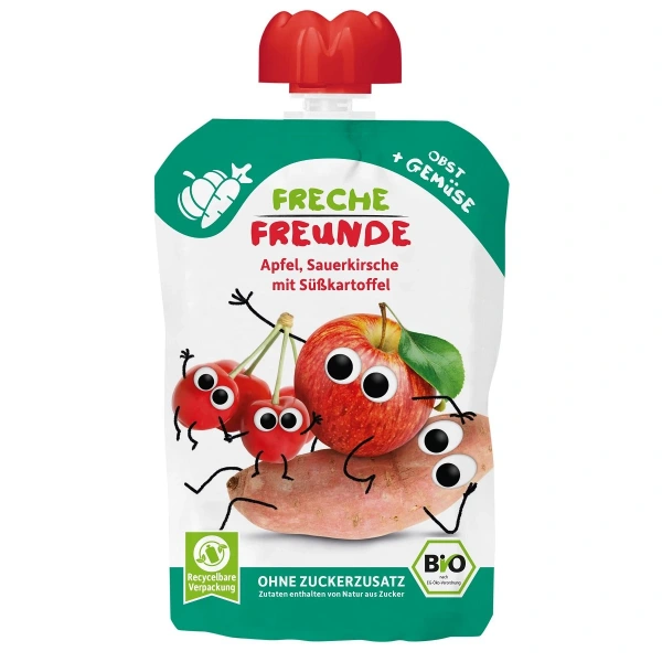 Mus jabłko - wiśnia - batat bez dodatku cukrów bezglutenowy od 6 miesiąca bio 100 g - freche freunde
