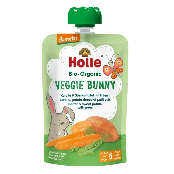Mus warzywny królik (marchew - słodki ziemniak - groszek) bez dodatku cukrów od 6 miesiąca demeter bio 100 g - holle