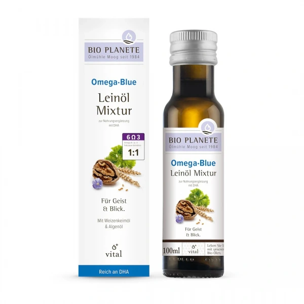 Omega blue - mieszanka z olejem lnianym (orzechy włoskie, algi morskie) bio 100 ml - bio planete