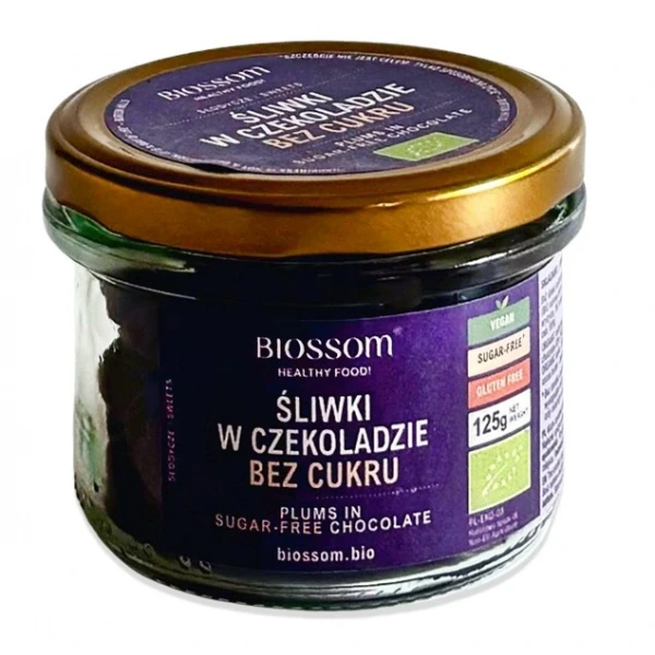 Śliwki kalifornijskie w czekoladzie bez dodatku cukrów bezglutenowe bio 125 g - biossom