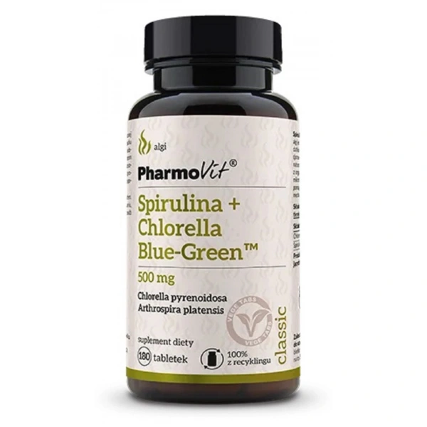Spirulina + chlorella blue-green (500 mg) bezglutenowa 180 tabletek - pharmovit (classic)