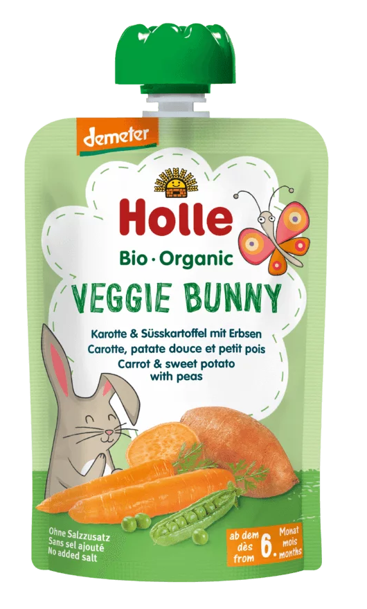 Mus warzywny królik (marchew - słodki ziemniak - groszek) bez dodatku cukrów od 6 miesiąca demeter bio 100 g - holle