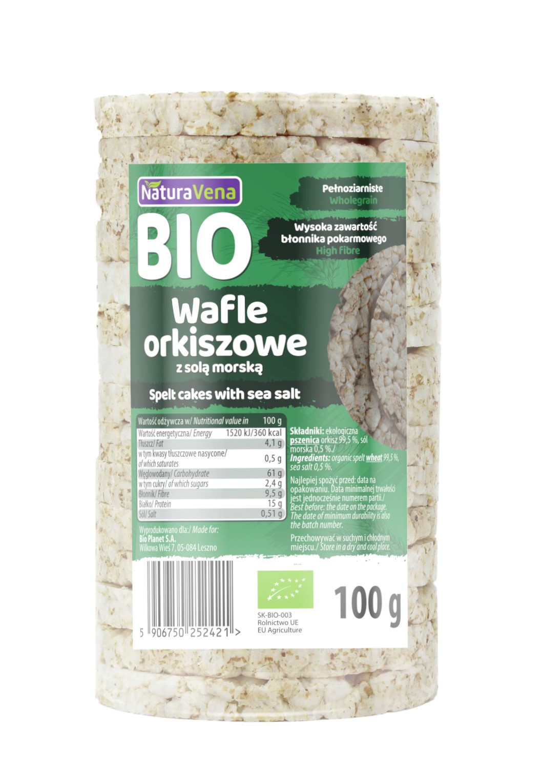 Wafle orkiszowe pełnoziarniste z solą morską bio 100 g - naturavena