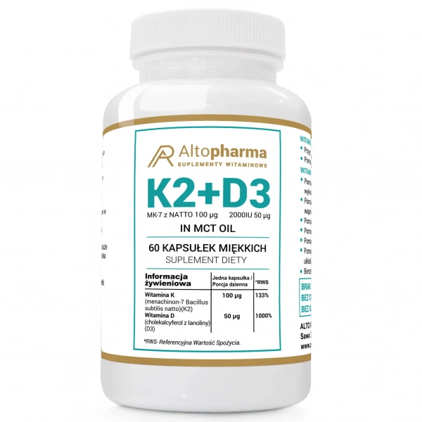 ALTO PHARMA Vitamin K2 MK7 Natto 100µg + D3 50µg 2000IU in MCT 60 Soft capsules