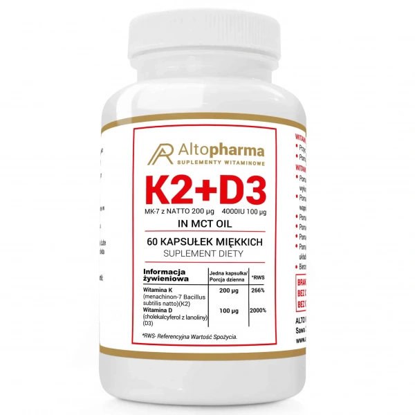 ALTO PHARMA Vitamin K2 + D3 (K2 MK7 with NATTO D3 4000IU) 60 Soft capsules