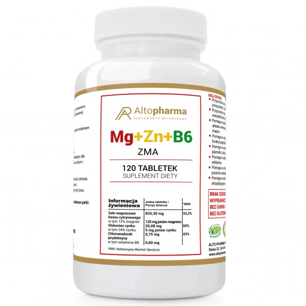 ALTO PHARMA ZMA Magnesium + Zinc + B6 120 Vegetarian capsules