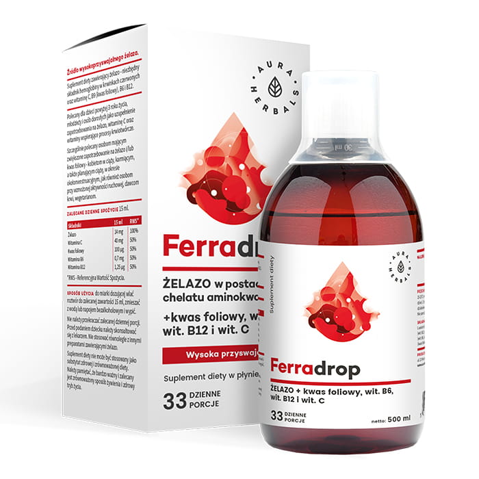 AURA HERBALS Ferradrop (Żelazo w płynie + Kwas Foliowy) 500ml