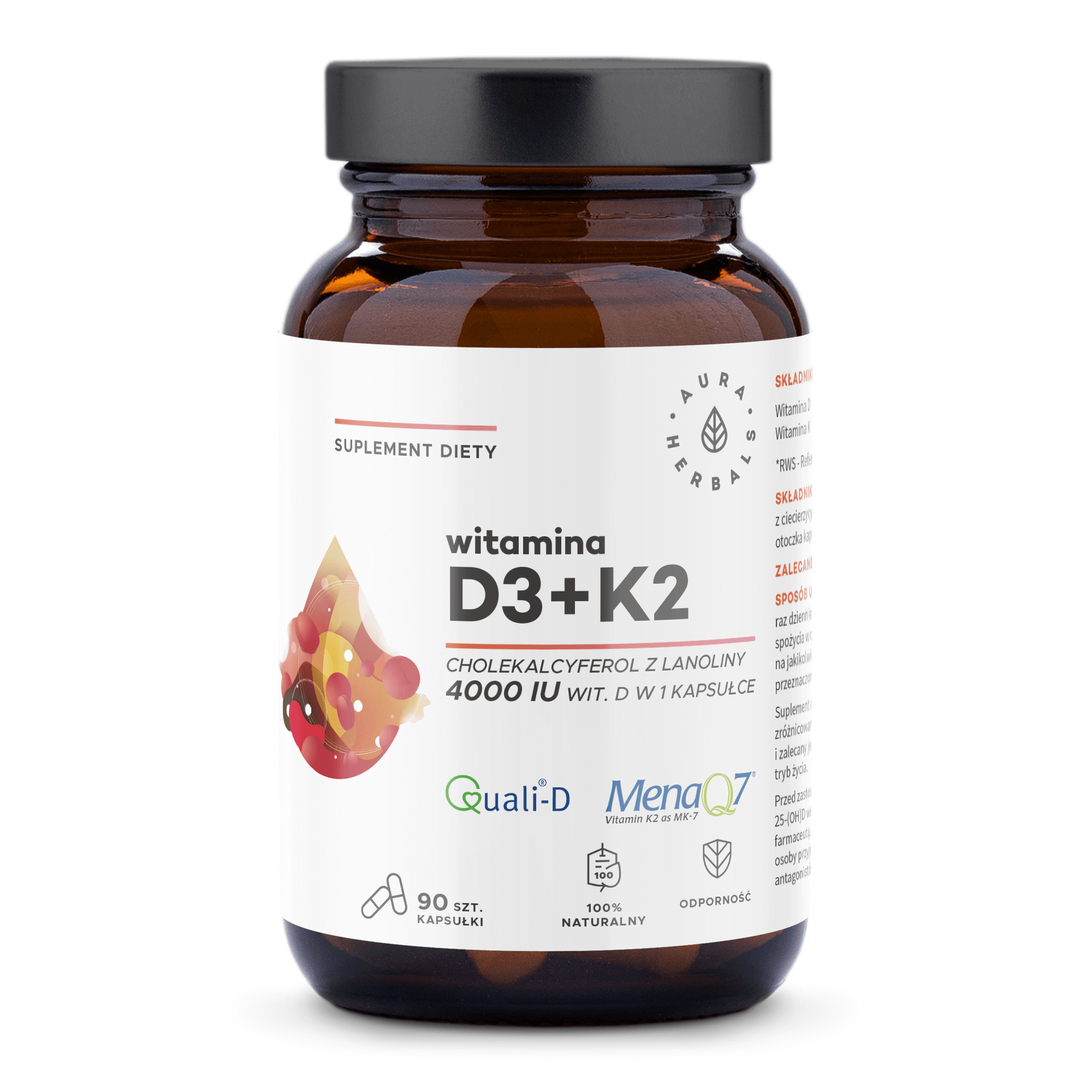 AURA HERBALS Witamina D3 + K2 90 Kapsułek