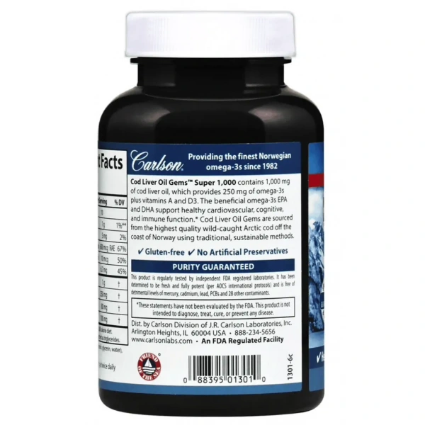 CARLSON LABS Cod Liver Oil Gems™ Super 1,000 mg (Olej z Wątroby Dzikiego Dorsza Norweskiego) 250 kapsułek żelowych