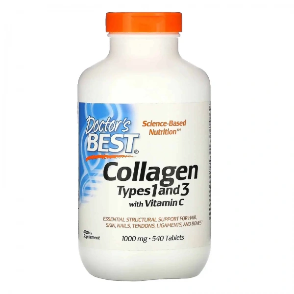 Doctor's Best Collagen Types 1 and 3 with Vitamin C (Kolagen typu 1 i 3 z Witaminą C) 1000mg 540 Tabletek