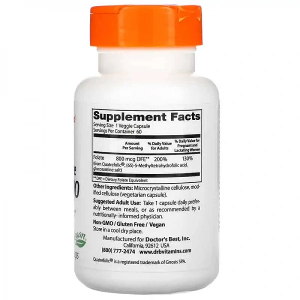 Doctor's Best Fully Active Folate 800 with Quatrefolic (Folic Acid) 800mcg 60 vegetarian capsules
