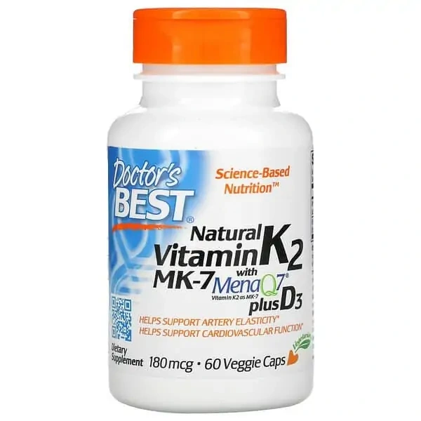 Doctor's Best Natural Vitamin K2 MK-7 with MenaQ7 plus Vitamin D3 180mcg (Witamina K2 MK-7 z MenaQ7 plus Witamina D3) 60 Kapsułek wegetariańskich