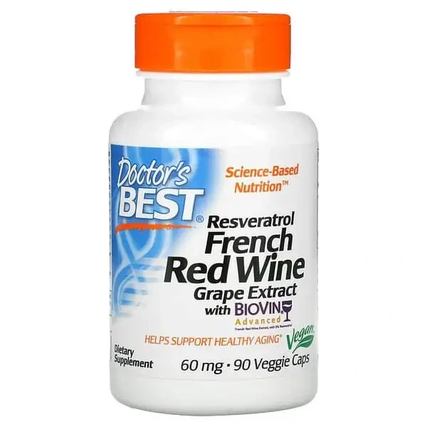 Doctor's Best Resveratrol French Red Wine Grape Extract 60mg (Resveratrol, wyciąg z czerwonego wina) 90 Kapsułek wegetariańskich