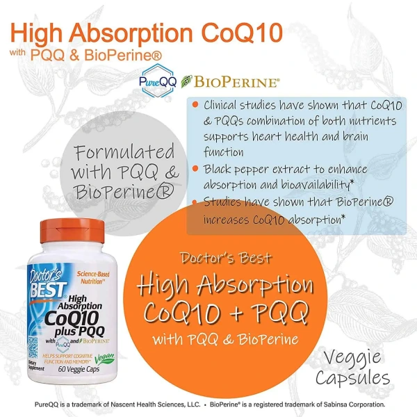 Doctor's Best High Absorbtion CoQ10 Plus PQQ (Coenzyme Q10) 60 Vegetarian Capsules