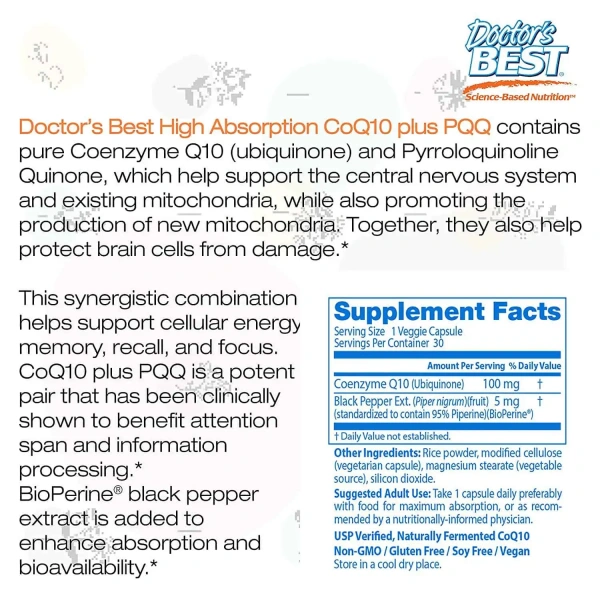 Doctor's Best High Absorbtion CoQ10 Plus PQQ (Coenzyme Q10) 60 Vegetarian Capsules